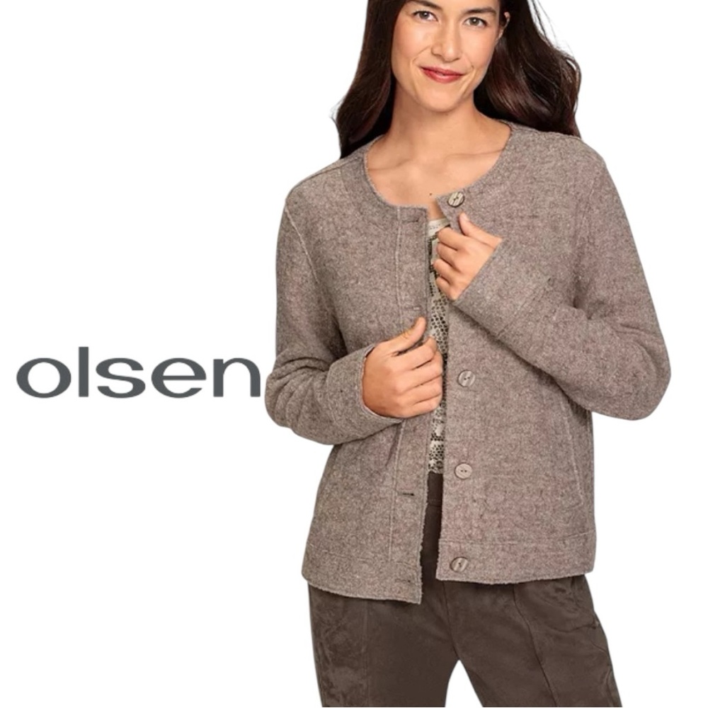 Olsen Wool Blend Cardigan Jacket L Taupe Button Front Knit